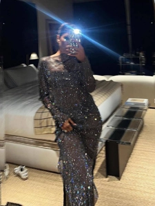 Sparkly mesh dress with rhinestones, long sleeves, sexy floor-length see-through evening gown