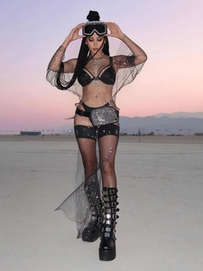 Ensemble robe en résille à strass noirs pour festivals de musique et soirées