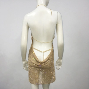 Detailansicht des goldenen Netz-Kleides mit Strasssteinen und rückenfreier Metallkette
