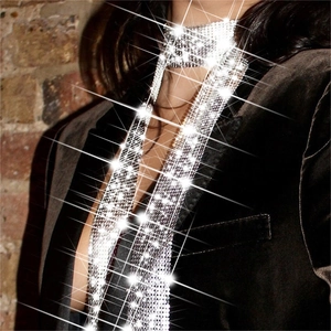 Close-up of sparkling silver rhinestone choker with long tassels on a model