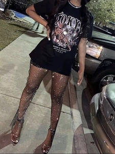 Women's sexy black rhinestone mesh pants and tiger print t-shirt outfit set for clubwear