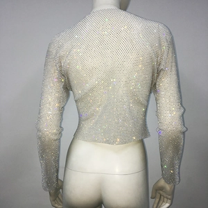 Detail of colorful rhinestones on sheer mesh back of long sleeve transparent top