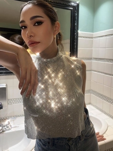 Sexy Strass Metallgitter Halter Top Damen Funkelnd Hoher Kragen Ärmellos Crop Top Für Party Nachtclub Stage Wear Weste
