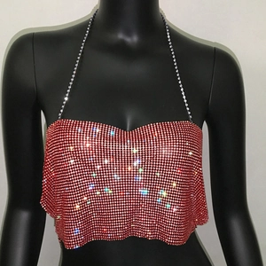 Detailed view of red luxury sequin halter top with rhinestones for party wear