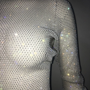 Macro detail of silver mesh long sleeve top with shiny rhinestones for party wear
