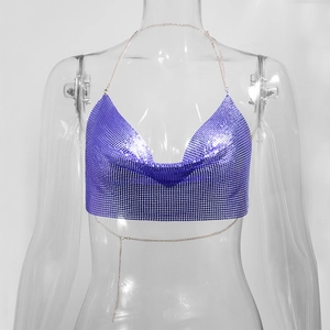 Detail view of purple metallic sequin halter top with chain straps and reflective discs
