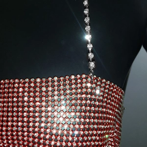Detailed view of red rhinestone metal mesh top with shimmering crystal chain straps