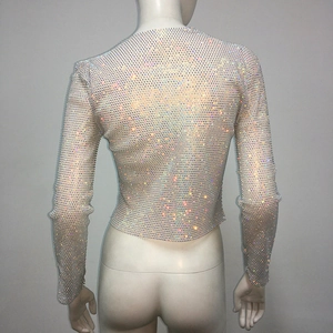 Macro view of transparent mesh crop top featuring vibrant AB rhinestones on the back