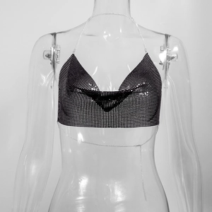 Detail of black metallic sequin halter top with delicate silver chain straps for festivals