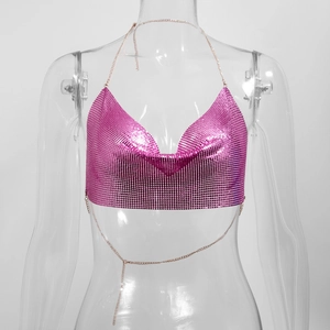 Detail of rose pink metallic sequin halter top with fine gold chains for music festivals