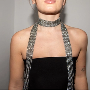 Luxury sparkling rhinestone choker necklace with long tassel draping for party wear