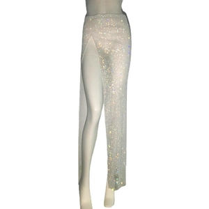 Sparkly silver sequin mesh maxi skirt with high slit design for evening wear