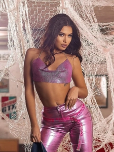 Sexy pink metallic sequin halter crop top and trousers set for music festivals