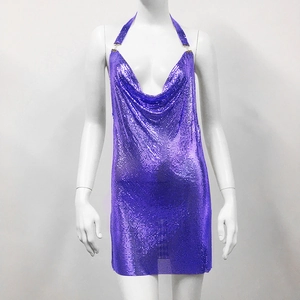 Detail of purple metallic mesh cowl neck dress with shiny alloy sequins for party wear