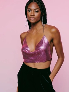 Pink metallic sequin halter top for festivals, featuring a deep V-neck and open back design