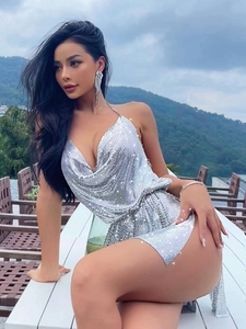 Sexy Backless Halter Neck Metal Mesh Sequin Mini Dress For Women Club Party Night Out High Slit Glittering Evening Gown
