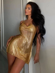 Women Sexy Metallic Mesh Sequin Cowl Neck Mini Dress Backless Side Slit Sleeveless Nightclub Party Evening Sparkly Dress