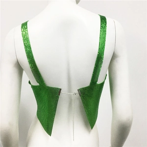 Detail view of bright green metal mesh sequin camisole with adjustable back chain