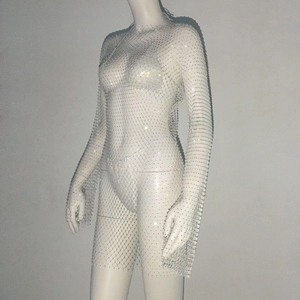 Detail of silver mesh rhinestone dress featuring sparkling crystals on long sleeve fabric