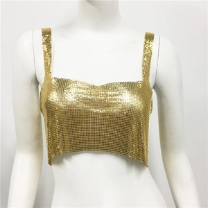 Detailed view of golden metallic mesh sequin crop top with shiny round scales and straps