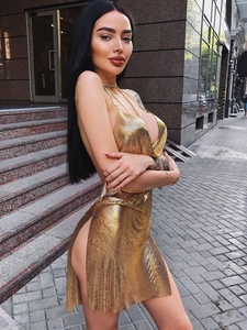 Sexy golden metallic mesh halter dress with backless design and high side slit