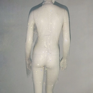 Detailed view of white mesh dress with sparkly rhinestones and elegant long sleeves