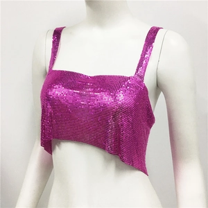 Detail of rose red metallic sequin chain crop top with reflective texture and wide straps