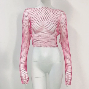 Detailed macro view of pink fishnet mesh crop top featuring sparkling bead embellishments