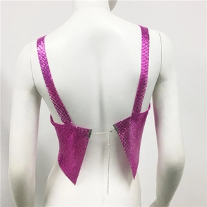 Macro detail of rose red metal mesh sequin crop top with adjustable back chain straps