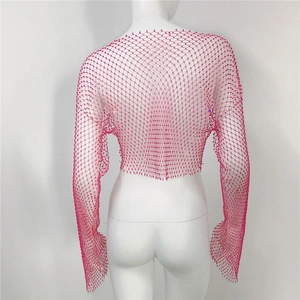 Detailed back view of rose pink mesh top with sparkling rhinestones and long sleeves