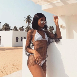 Sexy black rhinestone mesh bikini cover-up dress for beach vacation and summer resort wear