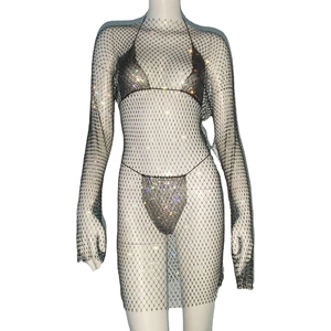 Sexy black mesh rhinestone long sleeve dress with bikini set for women