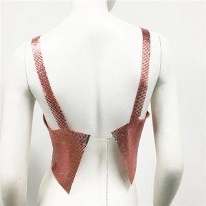 Detailed back view of rose gold metallic mesh top featuring open back and chain closure