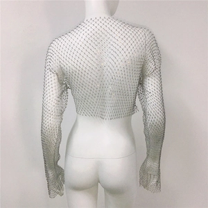 Detail view of the shimmering rhinestones and metallic mesh chain on this silver top