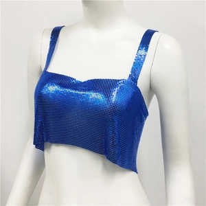 Detailed view of the bright blue metallic sequin mesh fabric on this sexy crop top