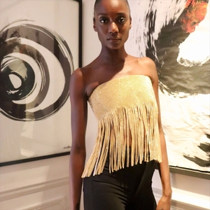 Top bustier doré en strass avec franges scintillantes et maille métallique pour soirée