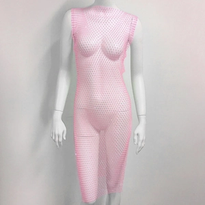Pink rhinestone mesh sleeveless dress featuring sparkling crystals and sheer net design