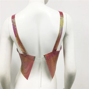 Detailed back view of rose gold metallic mesh halter top with adjustable chain closure