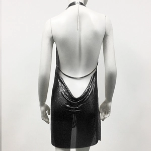 Detail view of the draped back and texture on a black metallic mesh sequin mini dress