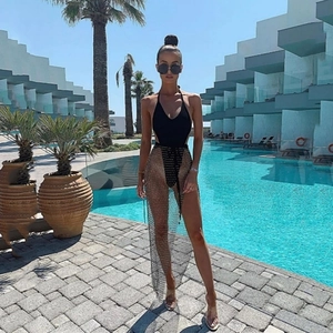 Sexy black halter one-piece swimsuit with metallic sequin mesh maxi skirt beach set