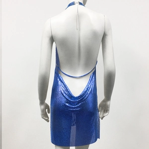Detail of blue sequin party dress featuring an open back and metal chain halter neck