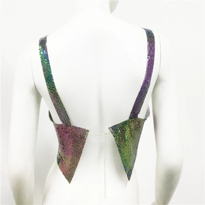Detail of holographic metal sequin top with iridescent mesh and chain link back straps