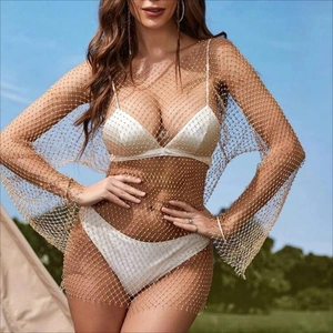 Women's sexy sheer mesh dress with pearls and long sleeves for beach or bikini cover-up