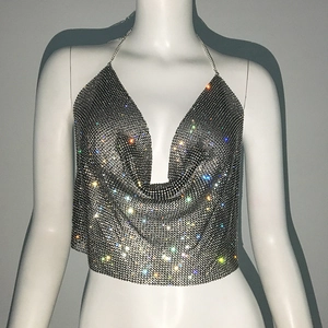 Détail d'un haut licou argenté orné de strass brillants avec une chaîne métallique