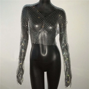 Macro detail of the silver mesh crop top featuring sparkling rhinestones and V-neckline