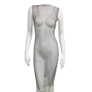 Sexy black mesh fishnet dress with sparkling rhinestones for beachwear and parties