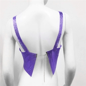 Macro detail of purple metallic sequin crop top with silver chain closure on the back