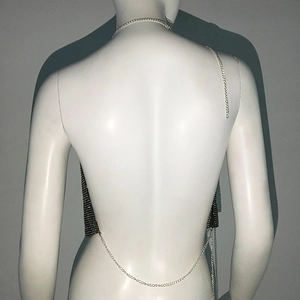 Détail d'un haut dos nu en maille métallique argentée avec strass scintillants sur mannequin