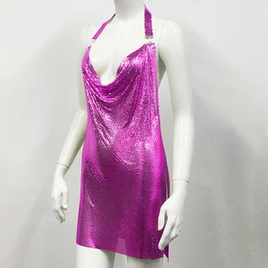 Detail view of hot pink sequin metal mesh dress with side slit and cowl neck design