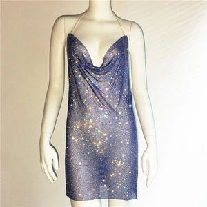 Detailed view of purple sequin mesh dress with rhinestone halter chain and cowl neck